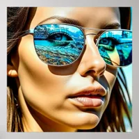 Pretty Woman with Reflection of Beach Sunglasses Poster