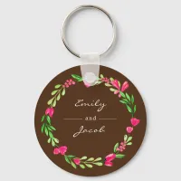 Elegant Pink Floral Wreath Brown Name of Couple Keychain