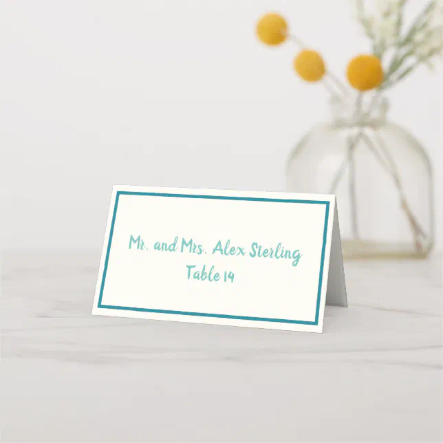 Handwritten Turquoise Blue Bold Border Wedding  Place Card