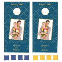 Photo Blue Lawn Wedding Game Gold Font Cornhole