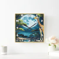 Giraffe Under Full Moonlight in Tranquil Landscape Square Wall Clock
