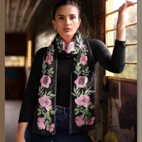 Pink floral black Chiffon Scarf