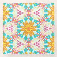 Tribal Sunshine Aqua Pink Gold Geometric Pattern Glass Coaster