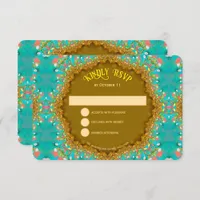 Turquoise Gold Satin Lace RSVP Card