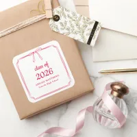 Elegant Whimsical Bow Red Custom Graduation Favor Square Sticker