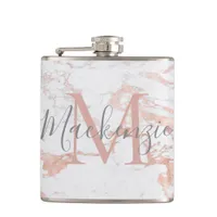 Stylish Rose Gold Foil Marble Monogram Flask