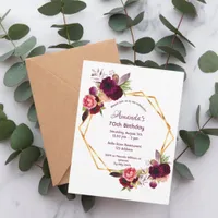 70th birthday burgundy floral gold invitation postcard