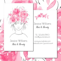 Cute pretty girl with pink watercolor roses-Floral Business Card