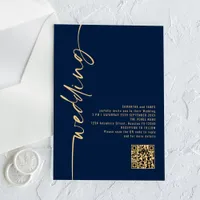 Navy Blue Gold Script QR Code Wedding Acrylic Invitations