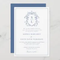 Formal Elegant Baroque Crest Monogram Blue Wedding Invitation