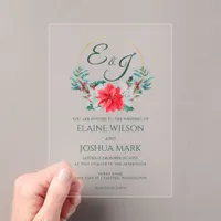 Christmas Berry Poinsettia Wreath Monogram Wedding Acrylic Invitations