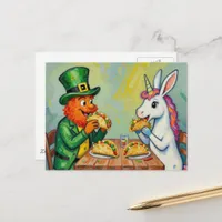 A leprechaun and a unicorn rabbit eating tacos postcard