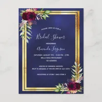Navy blue burgundy floral Bridal Shower invitation Postcard