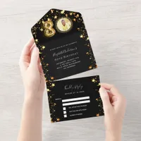 80th birthday black gold stars photo rsvp all in one invitation