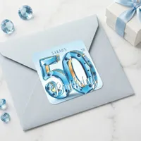 Glamorous Light Blue Jewel 50th Birthday Square Sticker