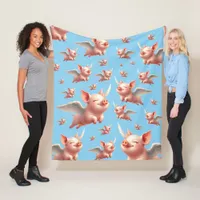 Cute Pigs Flying Blissfully in Sunny Blue Skies Fleece Blanket