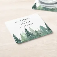 Rustic Watercolor Pine Forest Winter Wedding Square Paper Coaster