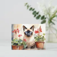 Cute Watercolor Siamese Cat Red Geranium Flowers Postcard