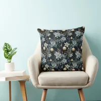 Blue and Gold Christmas Ornaments Poinsettias Throw Pillow