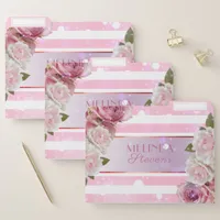 Classy Romantic Roses On Pink And White Stripes File Folder