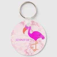 Pink marble flamingo name monogram keychain