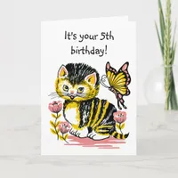 Adorable Kitten and Butterfly Fifth Birthday Card