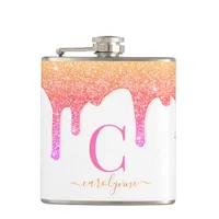 Rainbow Pink Peach Sparkle Glitter Drips Monogram Flask