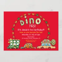 Fun Dino Cars and Flags Boys Dinosaur Party Red Invitation