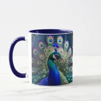 Gorgeous peacock with teal and gold plumage mug