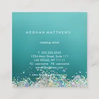 Light Teal Silver Pretty Sparkles Makeup Artist Square Business Card