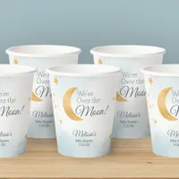 Cute Blue We're Over the Moon Baby Shower Paper Cups