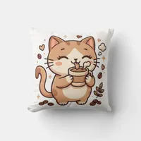 Cute Cat Sipping Coffee Throw Pillow