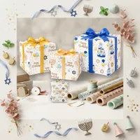 Thumbnail for Festive Blue Gold Hanukkah Birthday Wrapping Paper Sheets