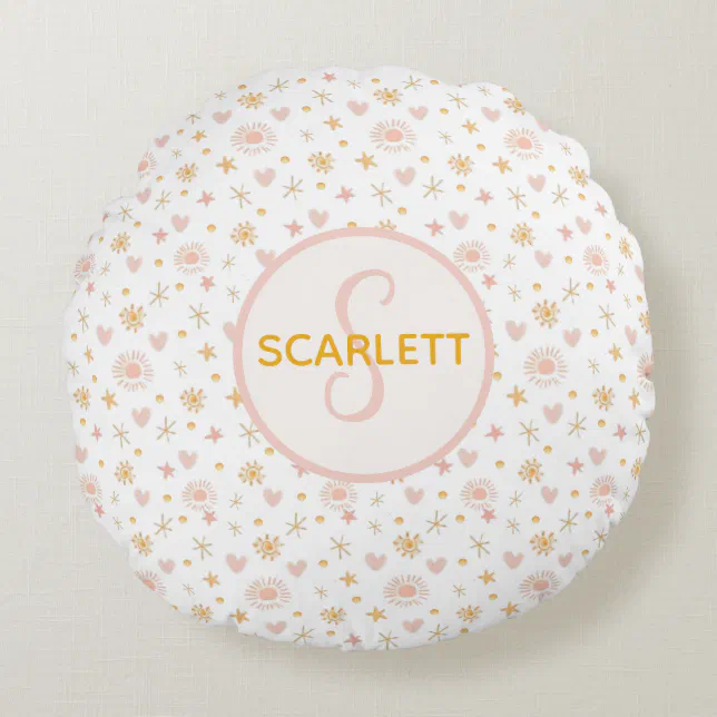 Cute Girls Name Pink Orange Suns Hearts Kids Round Pillow