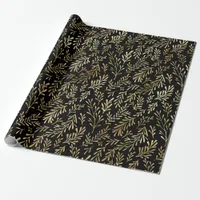 Elegant Black Gold Shimmer Botanical Leaf Birthday Wrapping Paper