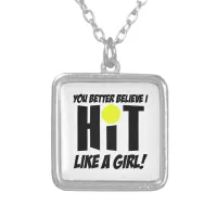 hit like a girl volleyball silver plated necklace