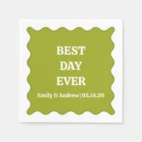 Best Day Ever Olive Green Wavy Custom Wedding  Napkins