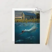Swimming With Sharks on the Prairie Surreal Art Postcard