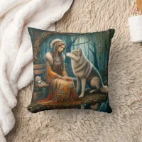 Native American Woman Sitting With Wolf In Forest Throw Pillow