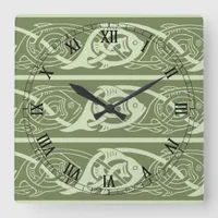 Celtic Knotwork Fish in Green Square Wall Clock