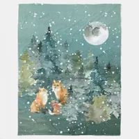 Fox Family in Forest Full Moon Snowfall Fleece Blanket