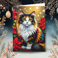 Calico Cat with Poinsettias Custom Christmas Holiday Card