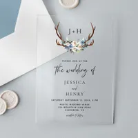 Chic Rustic Floral Antlers Wedding Acrylic Invitations