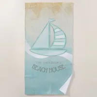 Beach House Nautical Sailboat Aqua Blue ID623 Beach Towel