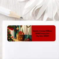 Festively decorated room, traditional Christmas  Label