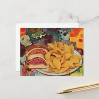 A sandwich and chips collage postcard