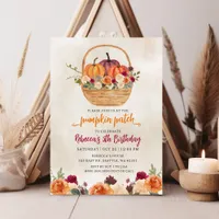 Fall Floral Burgundy Orange Pumpkin Patch Birthday Invitation