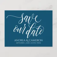 Wedding Typography Save-the-Date- Navy Blue White Announcement Postcard