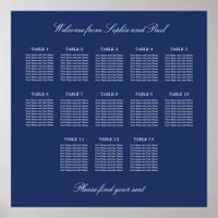 Navy Blue 13 Table Wedding Seating Chart Poster