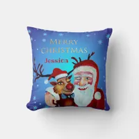 Traditional Magical Santa Claus   Smiling Rudolf Throw Pillow